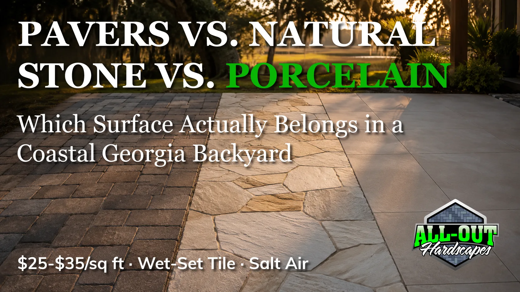 Concrete pavers, natural stone, and porcelain tile compared side by side in Savannah, Georgia