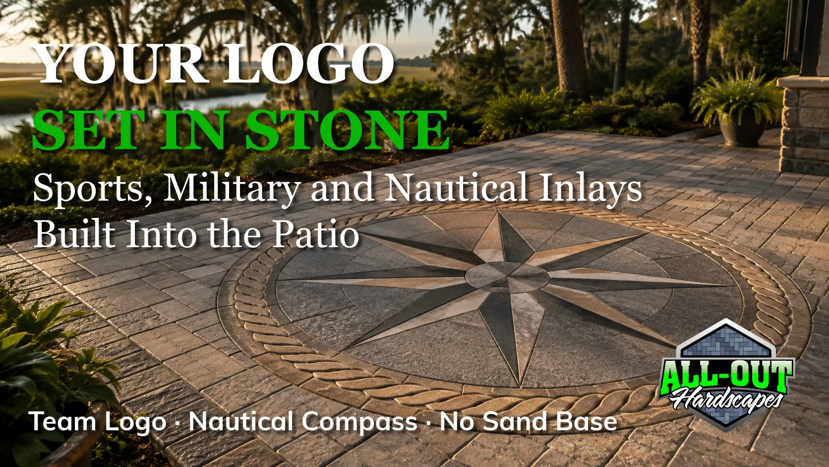 Custom nautical compass rose paver inlay set into a patio in Savannah, Georgia