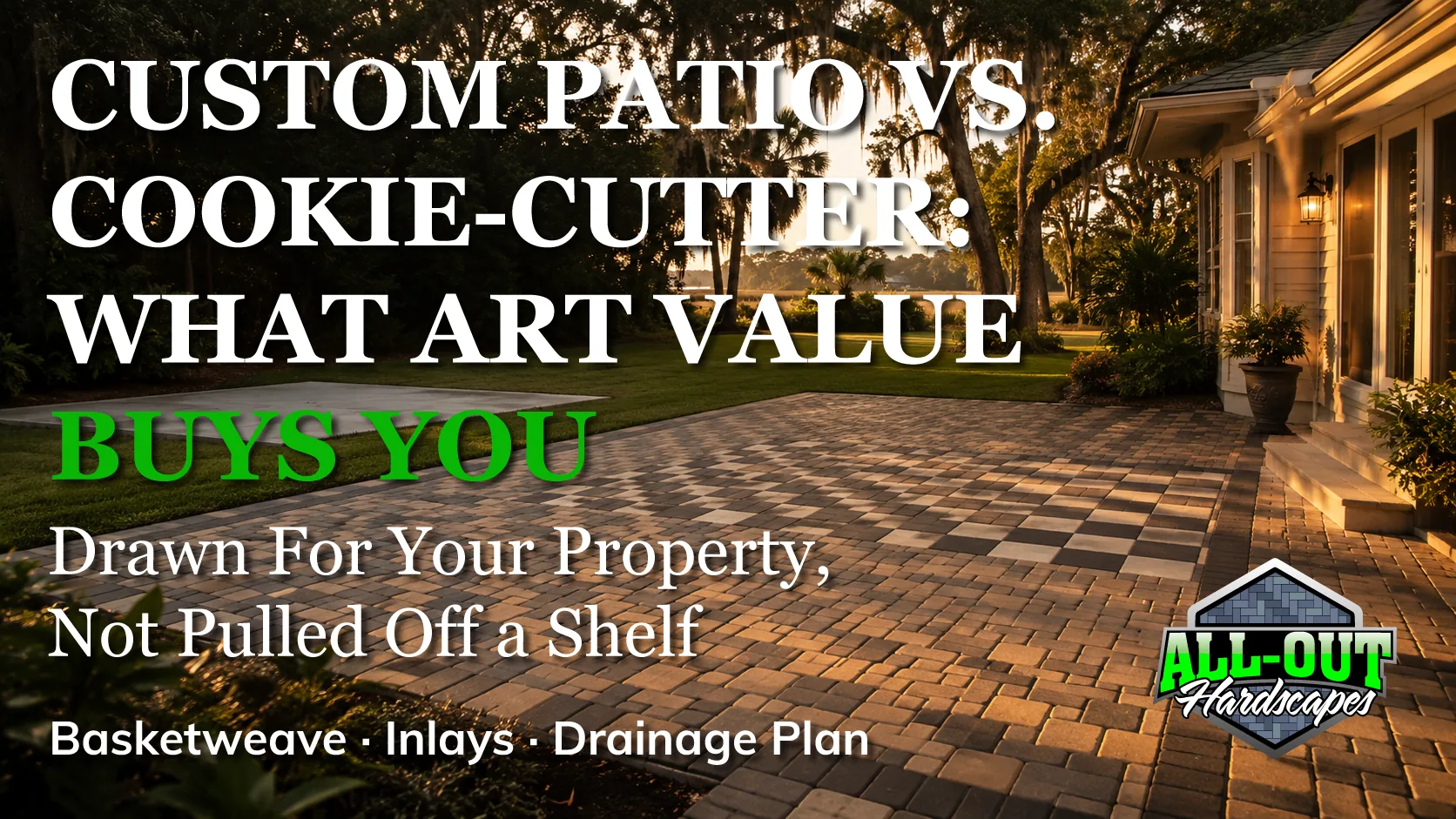 Custom designed paver patio with basketweave and checkerboard art value in Savannah, Georgia
