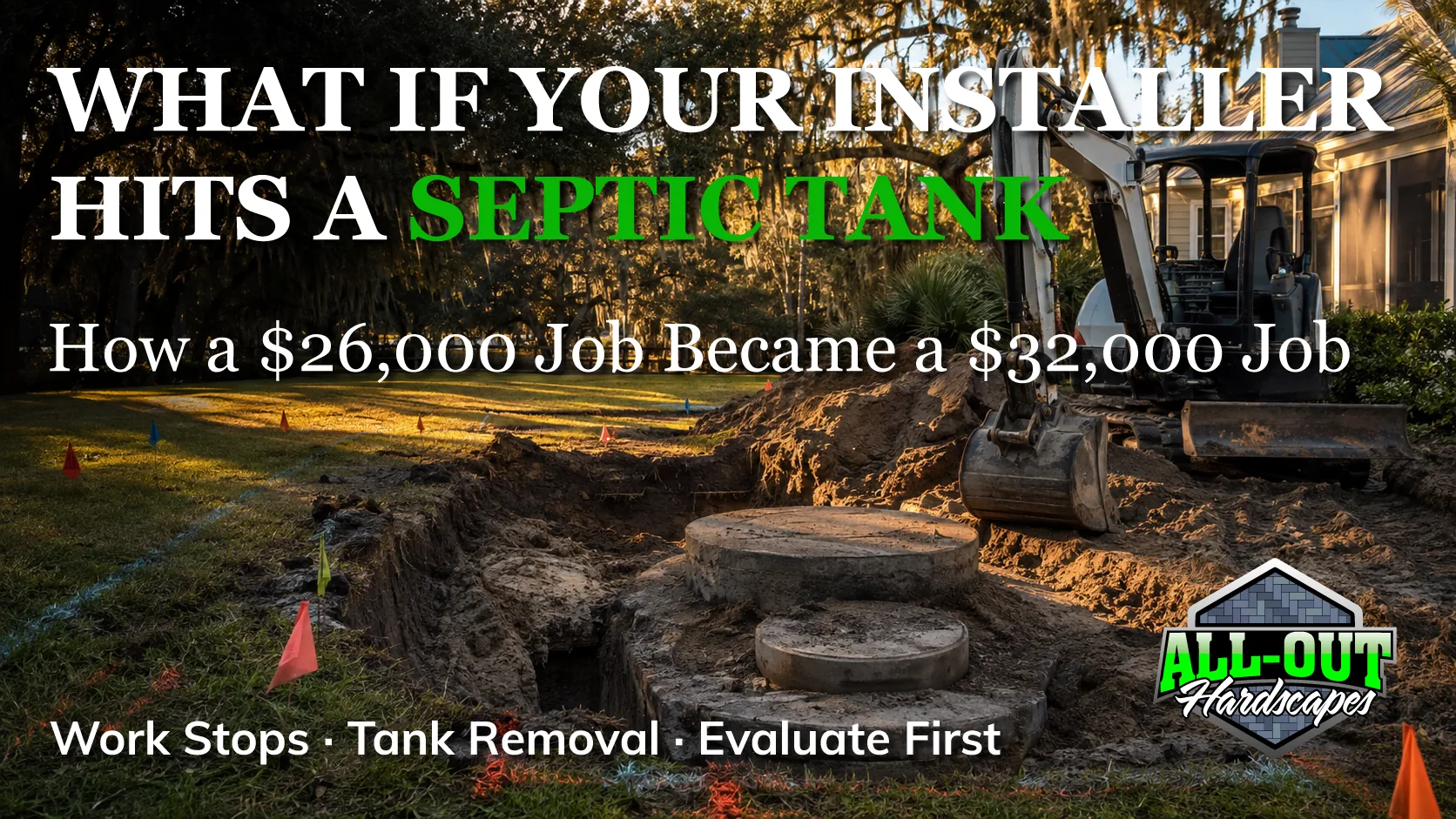 Excavation uncovering a buried septic tank in the middle of a patio dig in Savannah, Georgia