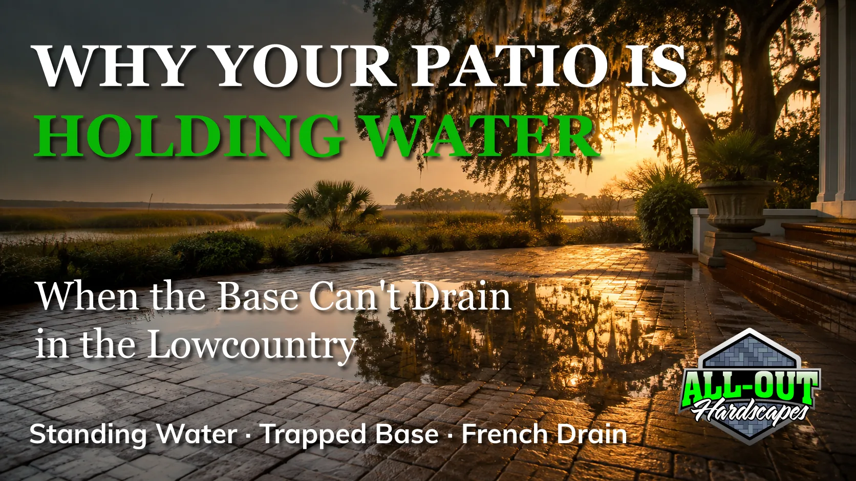 Standing water pooling on a paver patio that is not draining in Savannah, Georgia