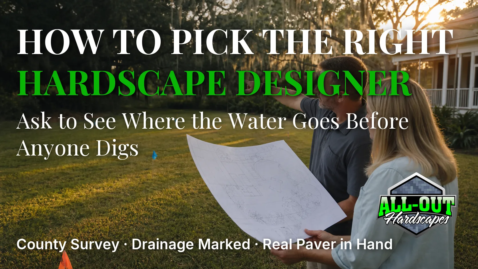 A designer and homeowner reviewing a hardscape plan in a Savannah backyard
