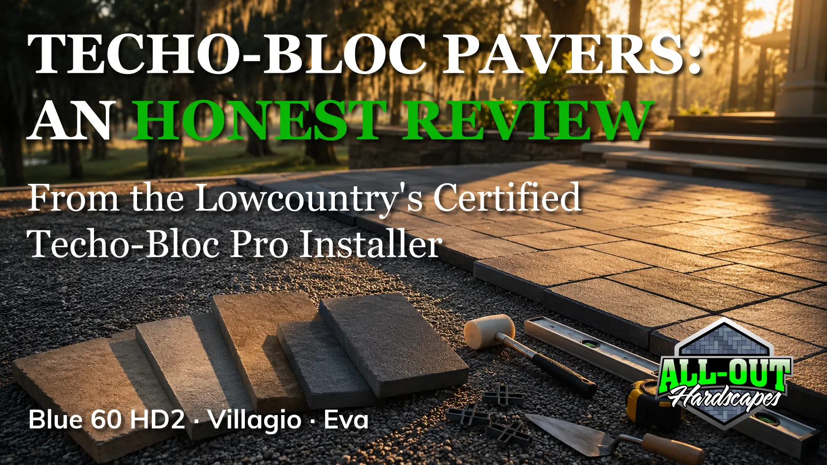 Premium Techo-Bloc style pavers being set on an open-graded stone base in Savannah, Georgia