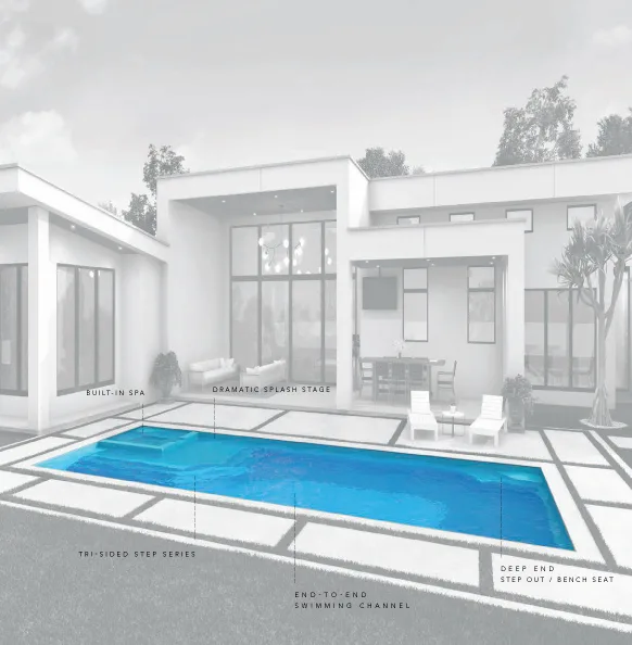 The Luxe fiberglass pool with dramatic splash stage and built-in spa