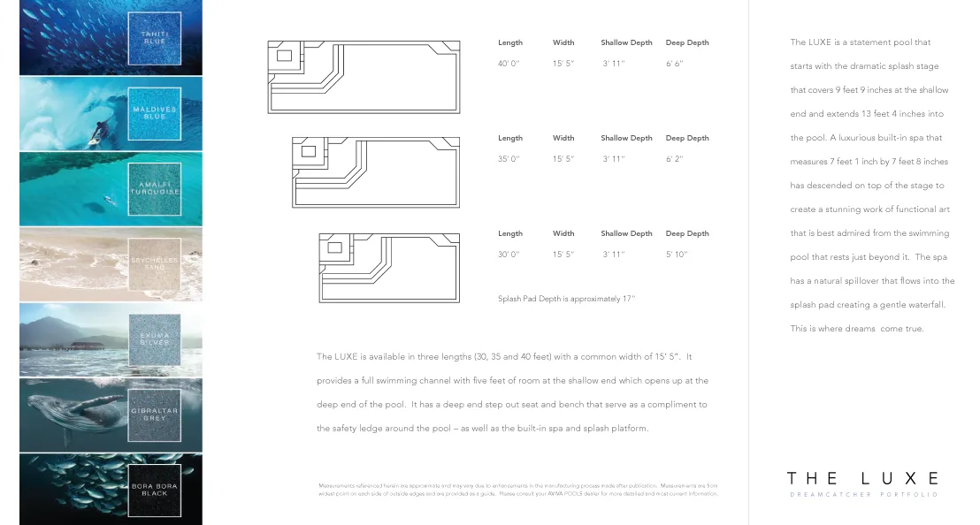 The Luxe pool specifications, dimensions, and color options