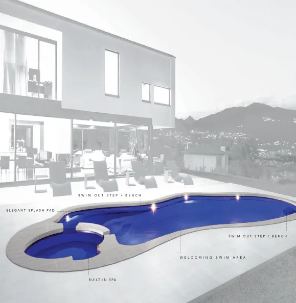 The Serene fiberglass pool with built-in spa and splash pad