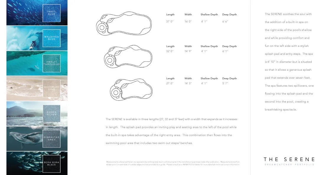 The Serene pool specifications, dimensions, and color options