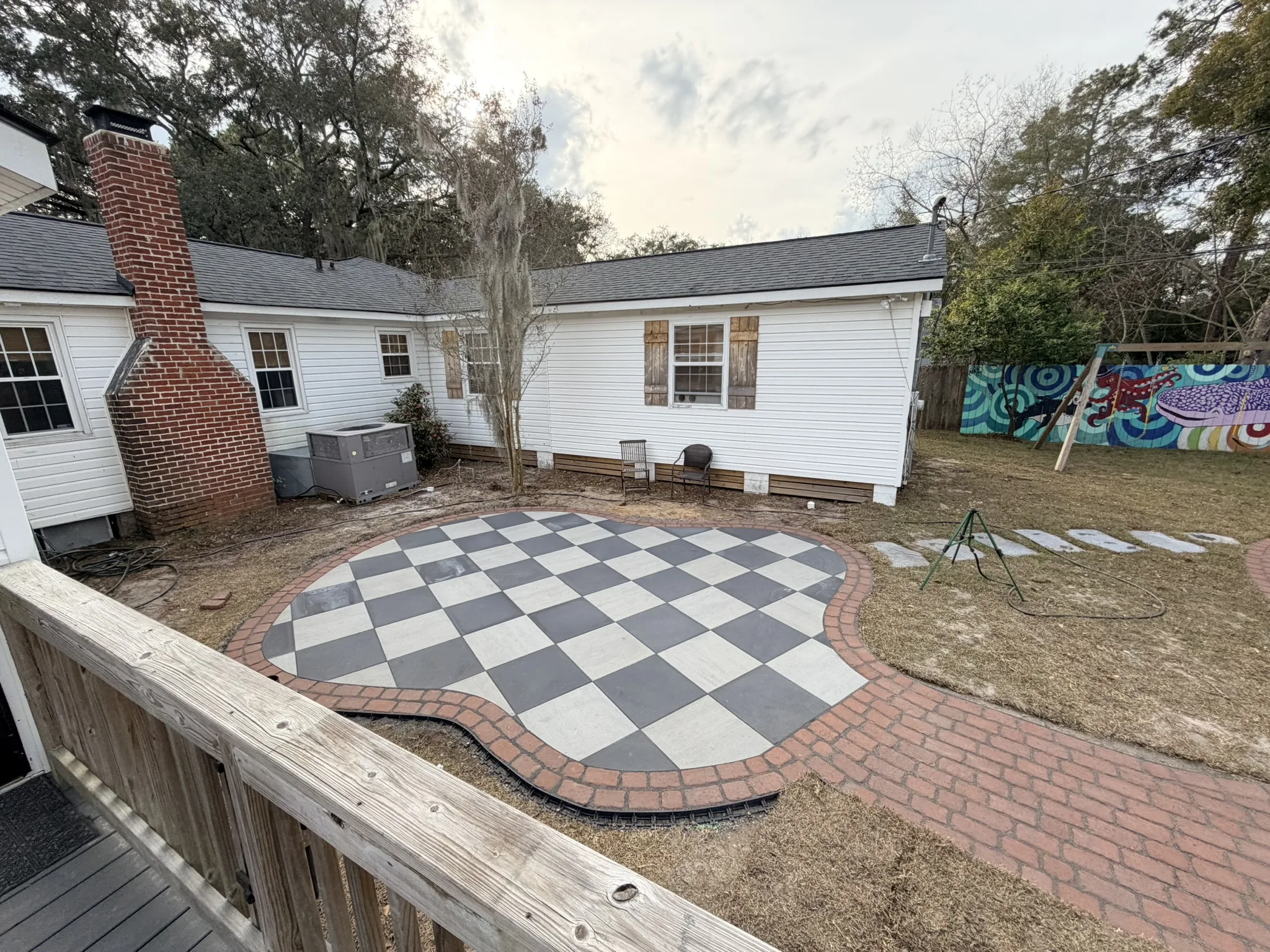 Pope Residence -- Checkerboard Patio with Brick Paver Walkway photo
