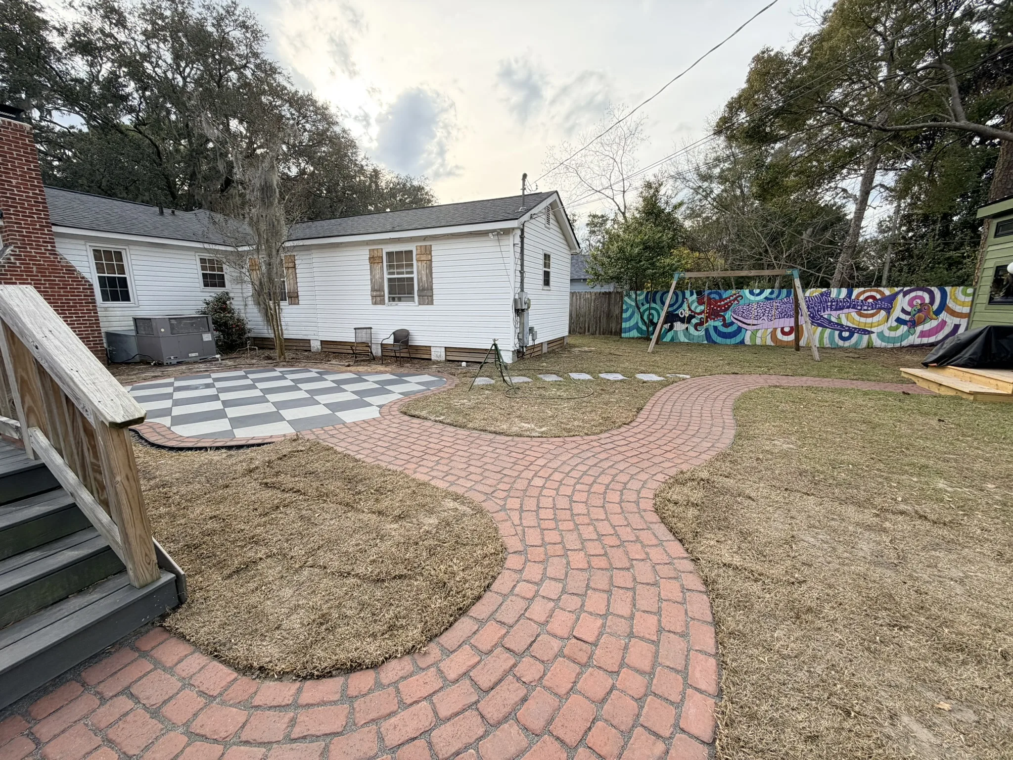 Pope Residence -- Checkerboard Patio with Brick Paver Walkway photo