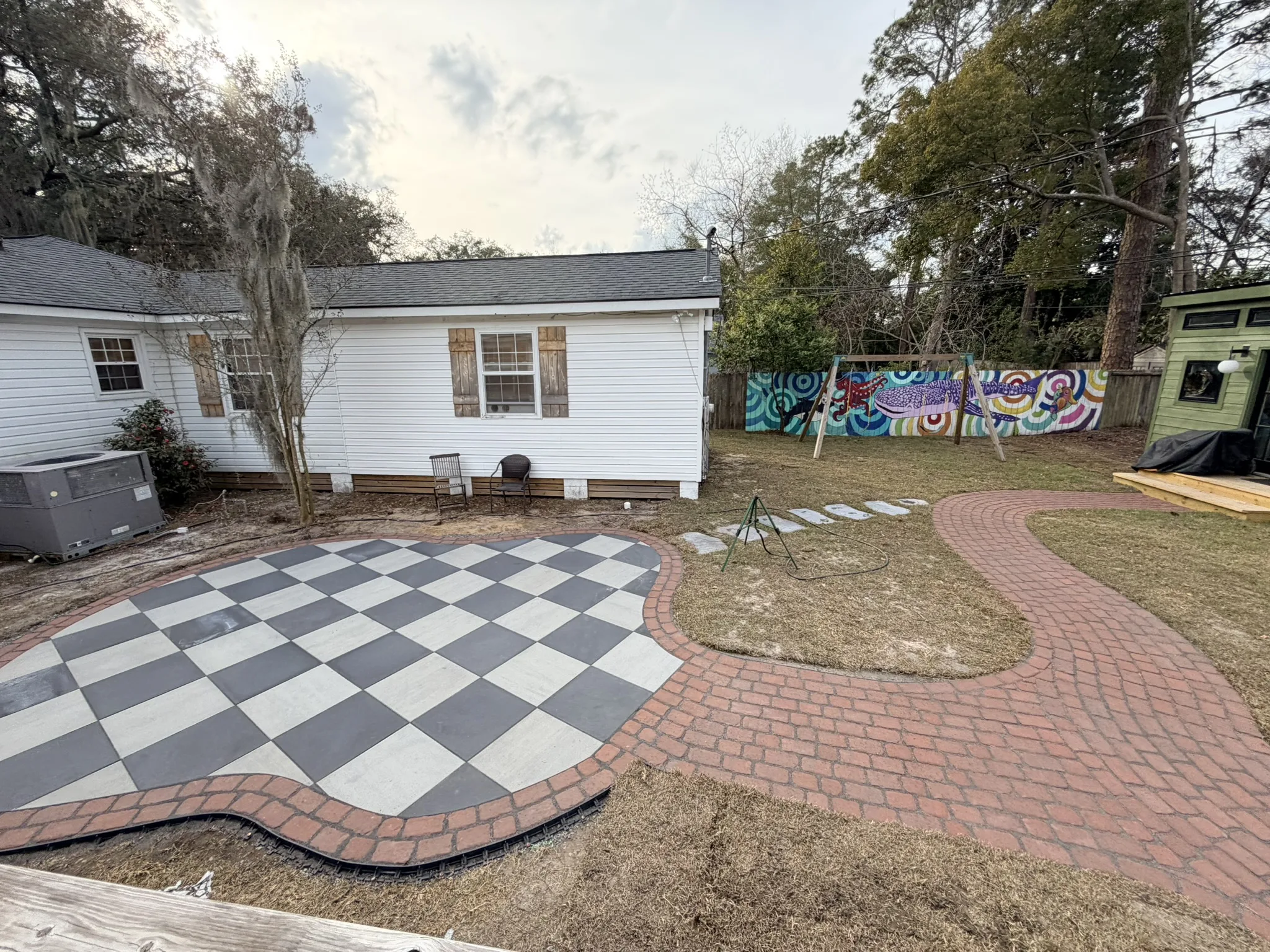 Pope Residence -- Checkerboard Patio with Brick Paver Walkway photo